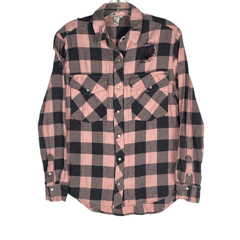 Forever 21 Distressed Buffalo Plaid Pearl Snap Shirt Womens S Pink Black Grunge